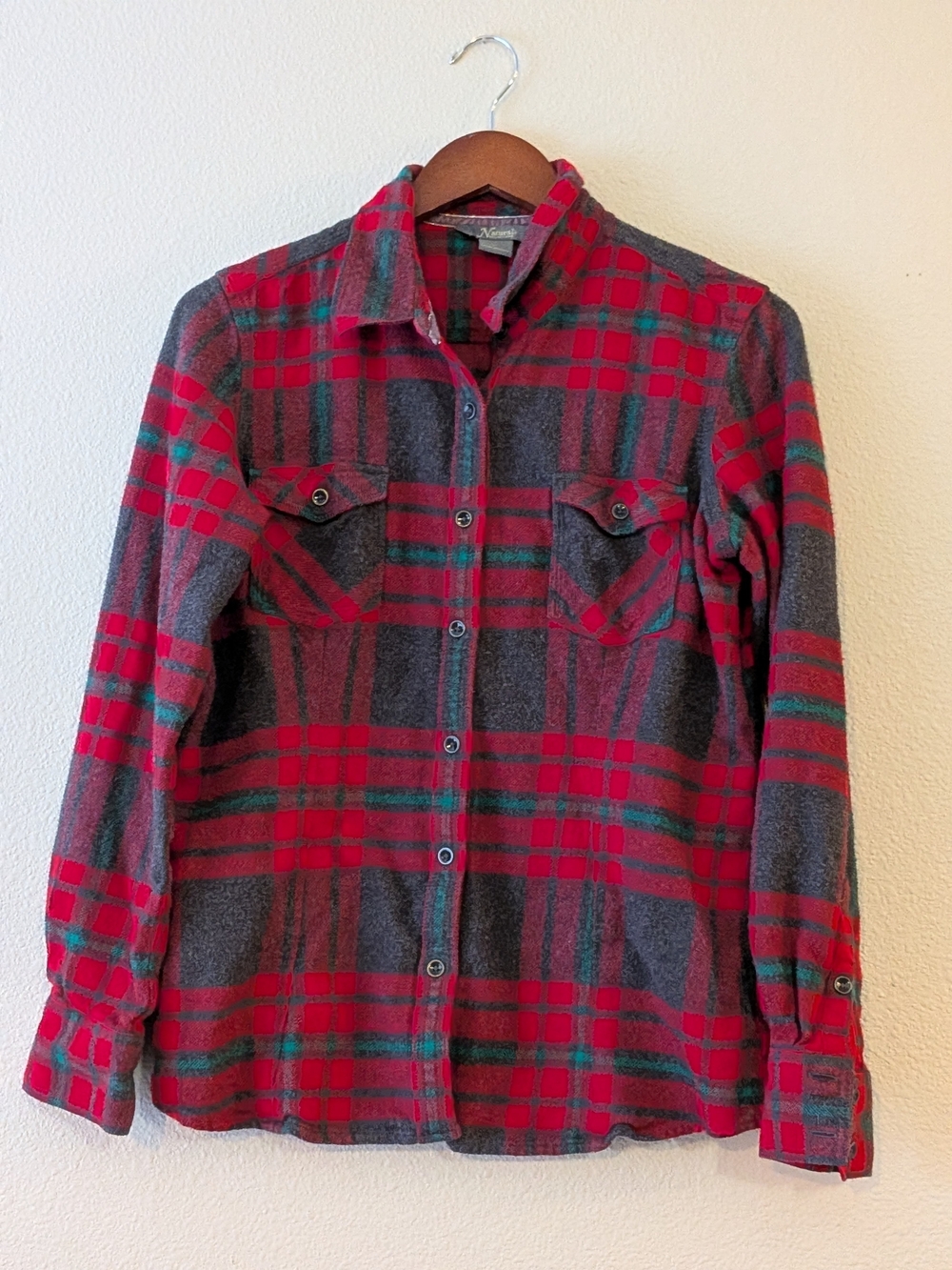 Natural Reflections Red and Gray Plaid Button-Front Shirt Jacket